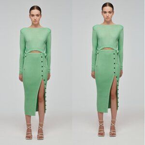 NWT Self-portrait Ribbed Knit Midi Dress Spearmint Small Cut-out Button Details